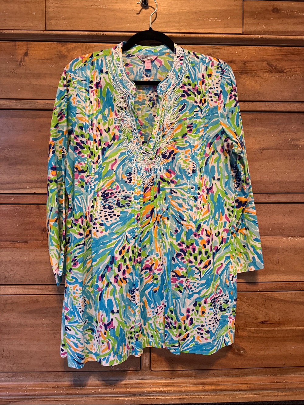 Lilly Pulitzer Blue Green Multicolor Embroidered V-Neck Tunic